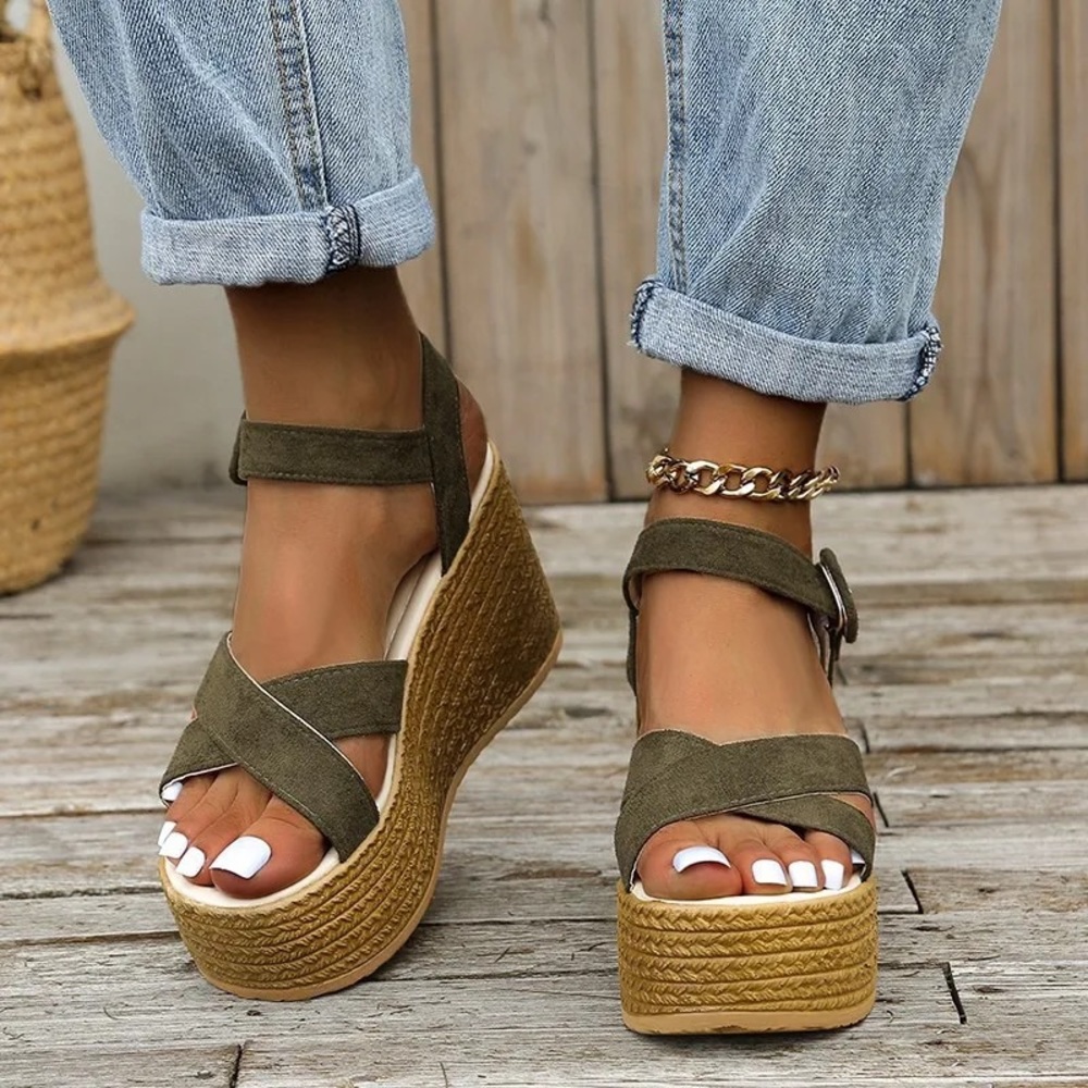 767. CLEARANCE Olive Green Buckle Wedge Platform Heel Shoes - Picture 2 of 3